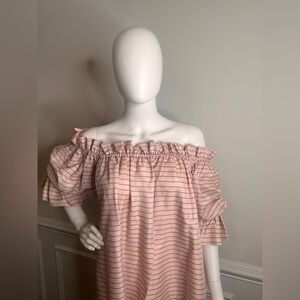 Monica Mahoney Pink Striped Off-Shoulder Mini Dress